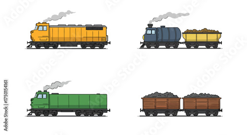 Colorful cartoon illustration depicting several different train cars and locomotives