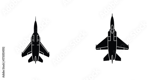 Two silhouettes of modern fighter jets viewed from directly above