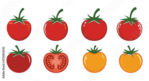 A collection of colorful tomatoes in various shapes and states of ripeness