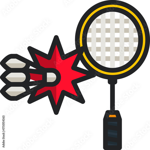 Badminton Racquet and Shuttlecocks Illustration With Red Starburst Impact Effect Sport Concept