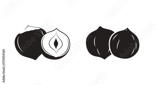 Black and white illustration of whole and split walnuts simple design