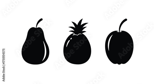 A simple black silhouette illustration of a pear pineapple and apple