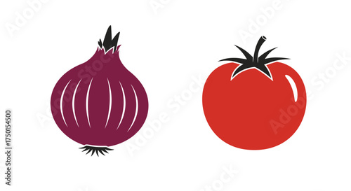 A simple illustration depicting a vibrant red tomato and a purple onion