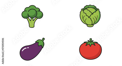 A colorful illustration depicting broccoli cabbage eggplant and a ripe tomato