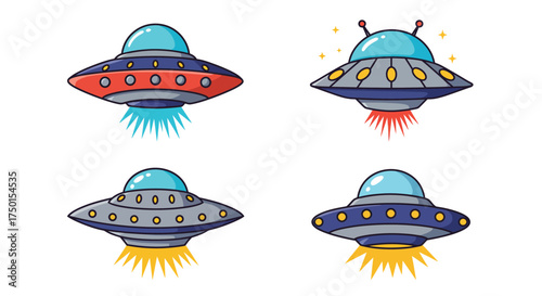 Colorful cartoon illustrations depicting four different flying saucers in space