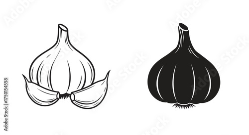 Black and white illustration depicting a whole garlic bulb and a cut clove