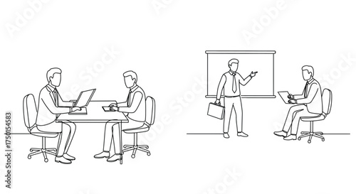 Business meeting with presentation and colleagues collaborating in a modern office
