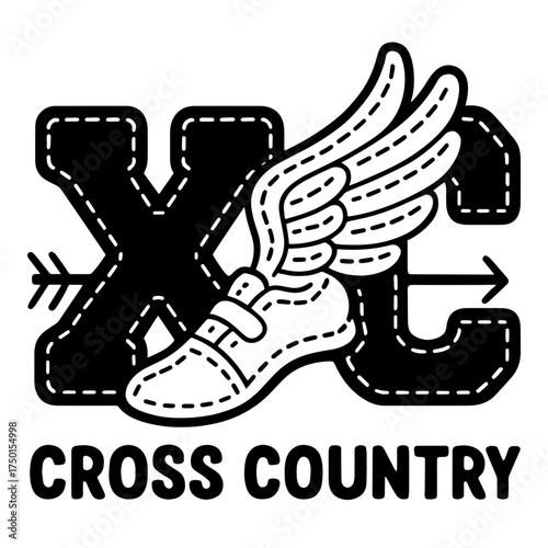 Black and white vector illustration with XC letters, winged shoe, and arrow, cross country running clipart for cutting and design.