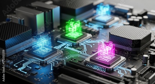 Futuristic Circuit Board with Glowing Holographic Data Streams and Processors