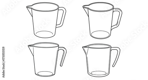 Four clear plastic pitchers are arranged in a simple grid pattern