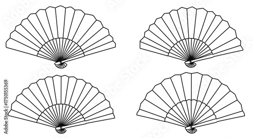 Four identical black and white illustrations of elegantly opened hand fans