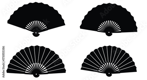Four black silhouettes of traditional folding fans displayed in a grid pattern