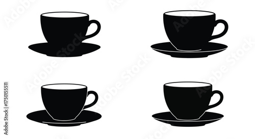 Simple black and white illustration of four coffee cups with saucers