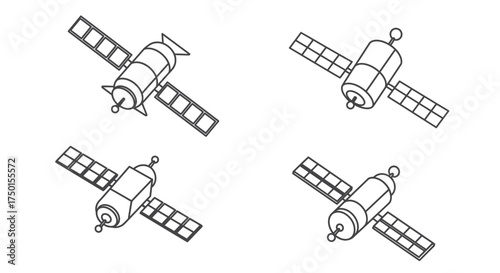 Line art depiction of four different space satellites in orbit