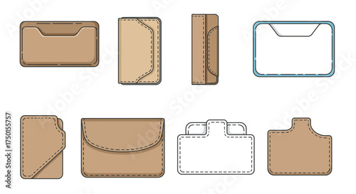 Various leather cardholder and wallet design illustrations in a flat style