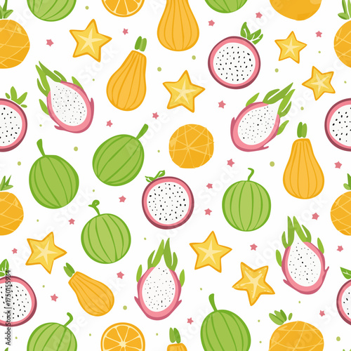 Tropical Fruit Seamless Pattern with Dragon Fruit, Starfruit, Pears, and Melons — Bright Vector Background Design
