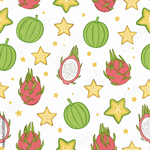 Tropical Fruit Seamless Pattern with Dragon Fruit, Starfruit, Pears, and Melons — Bright Vector Background Design