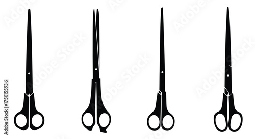 Four black scissors arranged in a simple graphic monochrome composition