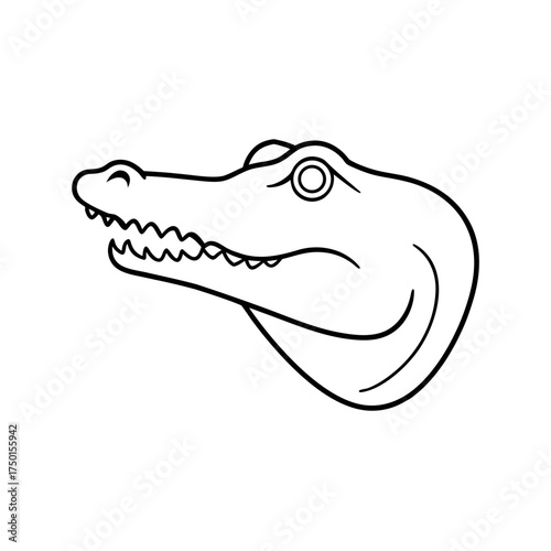 Illustration of an alligator head in black outline on transparent background