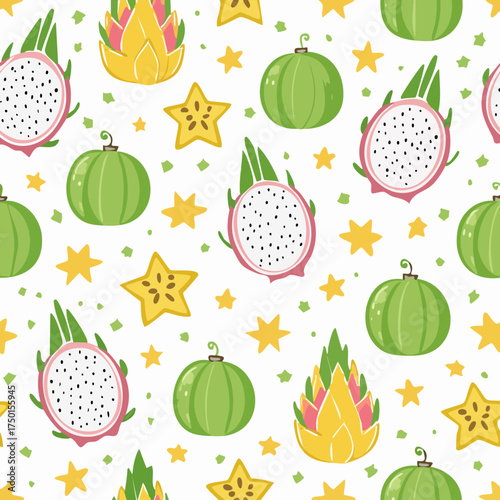 Tropical Fruit Seamless Pattern with Dragon Fruit, Starfruit, Pears, and Melons — Bright Vector Background Design
