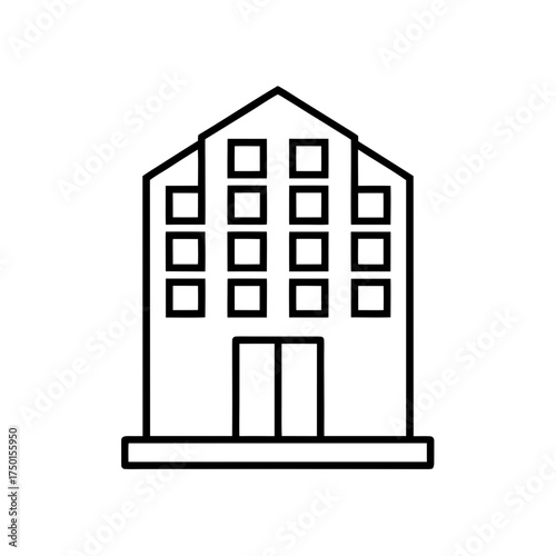Outline drawing of a building with many windows on transparent background