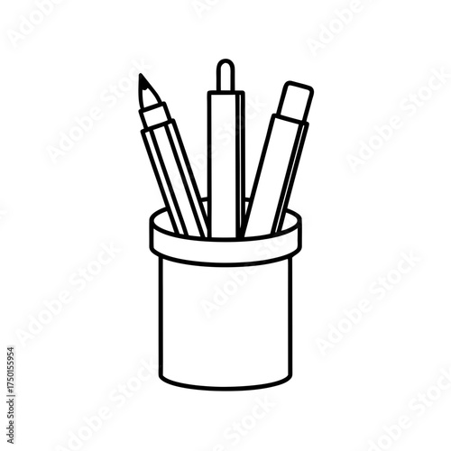 Outline drawing of a pen and pencil holder on white on transparent background