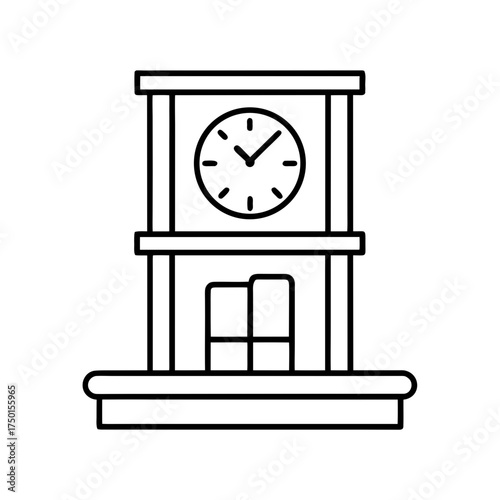 Outline drawing of a clock tower with a round clock on transparent background