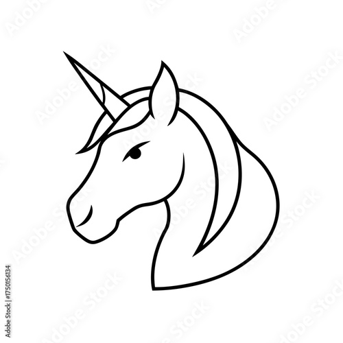 Outline drawing of a unicorn head in black and white on transparent background