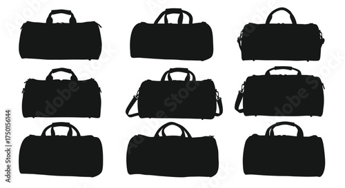 A collection of simple black silhouette duffel bags arranged in a grid