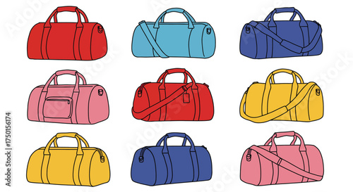 Colorful collection of duffel bags displayed in a grid arrangement