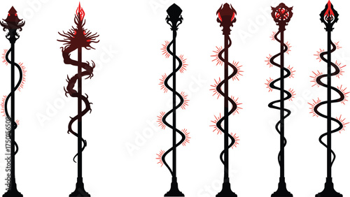 fantasy, magic, staff, silhouette, ornate, decorative, crystal, red, glowing, energy, spiral, mystical, weapon, vector, illustration, design, dark, element, sorcery, wizard, artifact