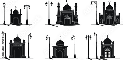 mosque, silhouette, street, lamp, pole, ornate, decorative, lantern, dome, minaret, crescent, urban, cultural, architecture, design, vector, illustration, religious, historical, element, lighting