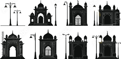mosque, palace, silhouette, street, lamp, pole, ornate, decorative, lantern, dome, minaret, arch, cultural, architecture, design, vector, illustration, historical, urban, religious, element