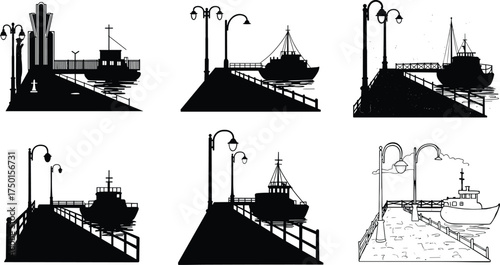 Black silhouette dock with boats, waterfront pier reflections, maritime harbor scene, street lamps, architectural railing design, nautical illustration artwork