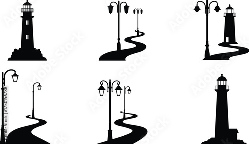 lighthouse, street, lamp, pole, silhouette, ornate, decorative, lantern, path, road, rocky, base, urban, coastal, architecture, design, vector, illustration, public, lighting, guidance