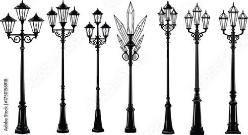 vintage, street, lamp, pole, silhouette, ornate, decorative, lantern, crystal, flame, classical, antique, urban, city, architecture, design, vector, illustration, public, lighting, historical