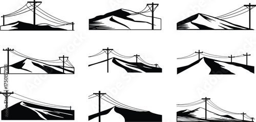 mountain, landscape, silhouette, utility, pole, power, line, electricity, grid, rural, infrastructure, vector, illustration, design, outdoor, scenic, energy, distribution, network, natural, terrain