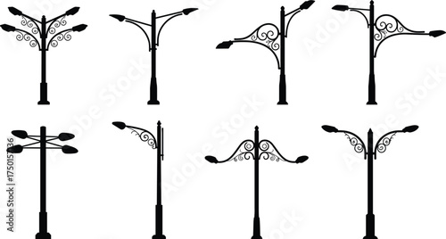 street, lamp, pole, silhouette, ornate, decorative, lantern, chandelier, modern, classical, urban, outdoor, city, architecture, design, vector, illustration, public, lighting, artistic, structure