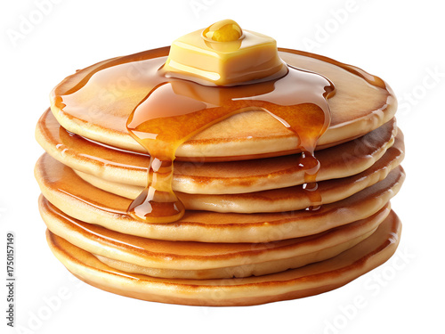 stack of fluffy pancakes with butter and syrup, transparent background
