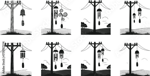 Wooden utility pole illustration set with decorative wind chimes, outdoor decor artwork, minimal landscape background, trees, hills, clouds, black silhouette