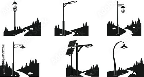 Street lamp illustration set with winding paths, forest background, modern and vintage outdoor lighting designs, solar powered, urban park environment