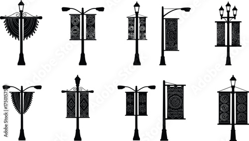 street, lamp, pole, silhouette, ornate, decorative, banner, panel, lantern, urban, outdoor, city, architecture, design, vector, illustration, public, lighting, cultural, artistic, signage