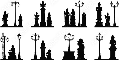 statue, silhouette, deity, figure, traditional, pose, gesture, pedestal, street, lamp, lantern, ornate, decorative, cultural, urban, city, architecture, design, vector, illustration, heritage