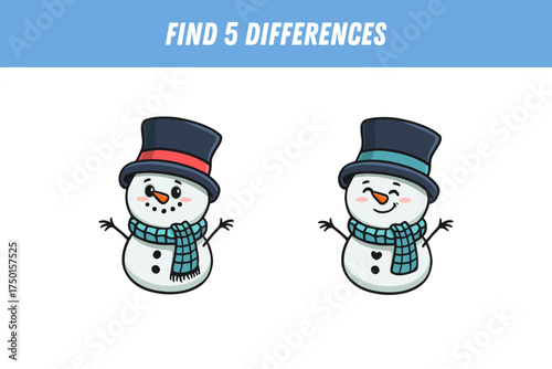 Find 5 differences between two pictures of cute snowman in scarf and hat. Cute snowman in doodle style. Activity page. Christmas game. Vector
