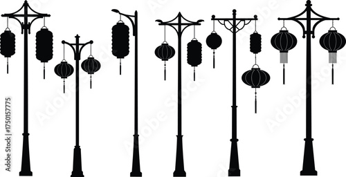 street, lamp, lantern, silhouette, ornate, decorative, hanging, tassel, pole, traditional, cultural, festive, urban, outdoor, city, architecture, design, vector, illustration, public, lighting
