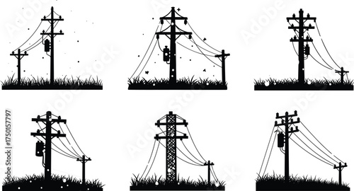 utility, pole, transmission, tower, electricity, power, line, transformer, silhouette, infrastructure, distribution, grid, energy, urban, city, design, vector, illustration, public, structure, network