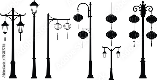 street, lamp, lantern, silhouette, ornate, decorative, hanging, tassel, pole, traditional, cultural, urban, outdoor, city, architecture, design, vector, illustration, public, lighting, scenery