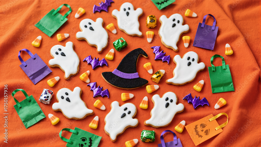 Fototapeta premium Halloween Flatlay Advertisement Orange Fabric Spooky Cookies Candy Corn Witch Hat Trick or Treat Bags