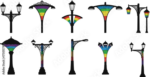 street, lamp, rainbow, gradient, pole, silhouette, ornate, decorative, colorful, lantern, urban, outdoor, city, architecture, design, vector, illustration, public, lighting, infrastructure, scenery