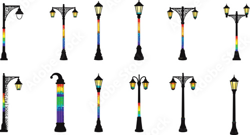 street, lamp, rainbow, striped, pole, silhouette, ornate, decorative, colorful, lantern, urban, outdoor, city, architecture, design, vector, illustration, public, lighting, infrastructure, scenery